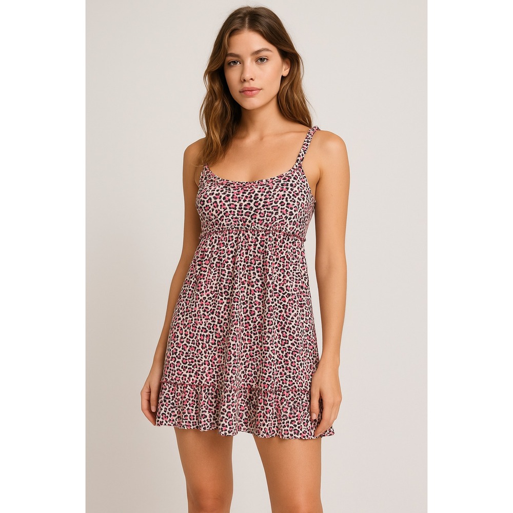 Y2K Pink Leopard Babydoll Ruffle Mini Dress‎ Small Coquette Indie Sleaze Girly